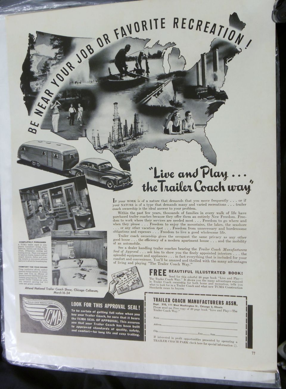 Be Near Your Job vintage Trailer Coach magazine ad with US map and travel trailer illustrations
