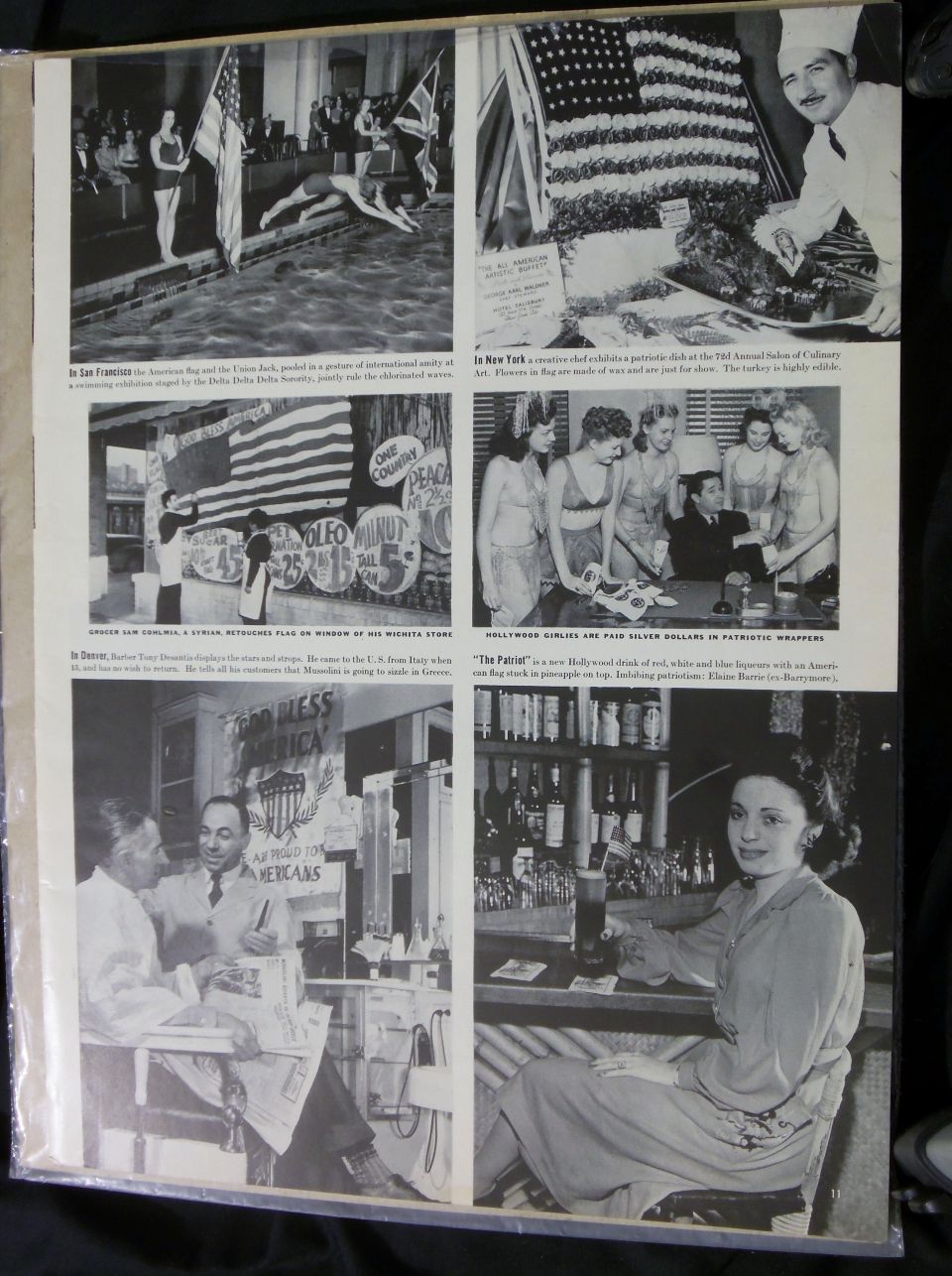 Black-and-white magazine page of patriotic storefront and display photos with captions