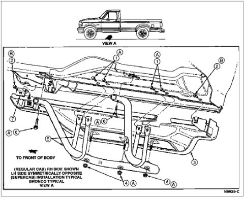1996 Ford Bronco - 96 Cab Step N605905-S55 Bolt 2 N605891-S55 Bolt 3 16A470 Cab Step 4 N620481-S55 Nut 5 Cab Step Bracket (Part of 16A506) 6 N605909-S55 Bolt…