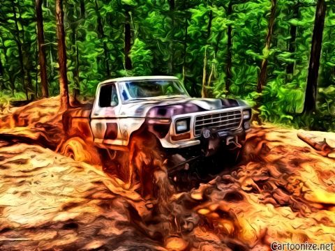 1979 Ford F-150 - A pickup truck navigates a muddy trail through a dense forest.