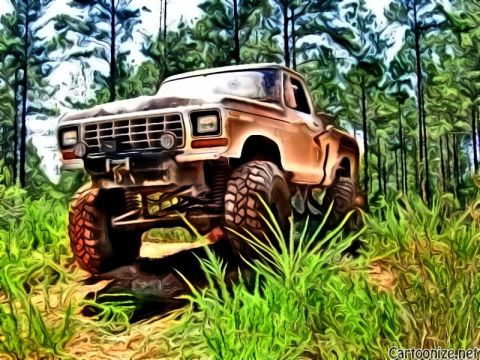 1979 Ford F-150 - A lifted pickup truck navigates a wooded area with tall grass.
