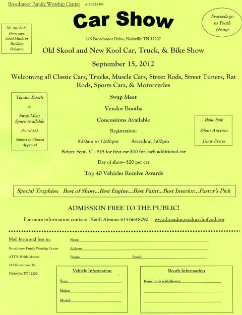 2007 Ford Mustang - Promotional flyer for a church-hosted car, truck, and bike show with registration form.