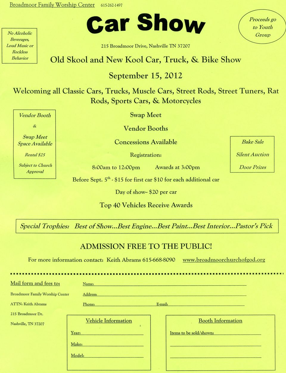 Broadmoor Family Worship Center Car Show flyer, September 15 2012