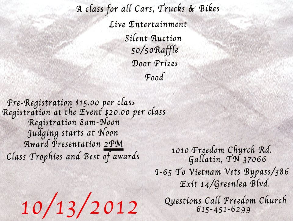 Car, truck and bike show flyer, Freedom Church Gallatin TN, 10/13/2012