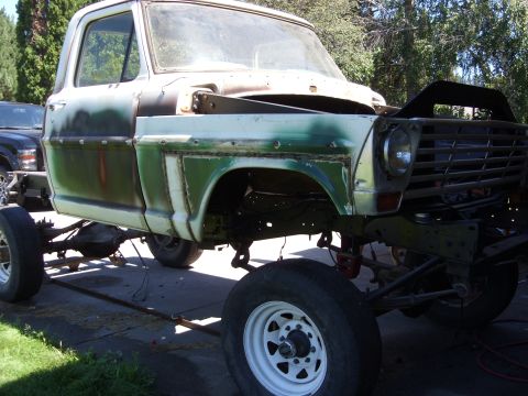 1967 Ford F-250 - This 1967 Ford F-250 is shown in a 3/4 front view, highlighting its chassis and cab during a restoration project.