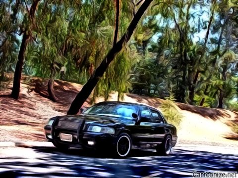 2003 Ford Crown Victoria - Stylized painterly render of a black police-style sedan on a wooded lot