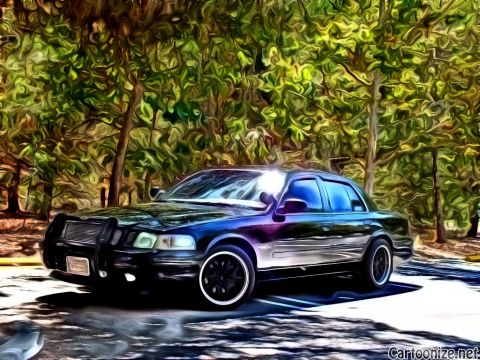 2003 Ford Crown Victoria - Painterly filtered edit of murdered-out sedan with brush guard among foliage