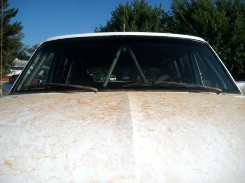1996 Ford Bronco - Front view of a white SUV, showing a prominent interior roll cage and a dusty hood.