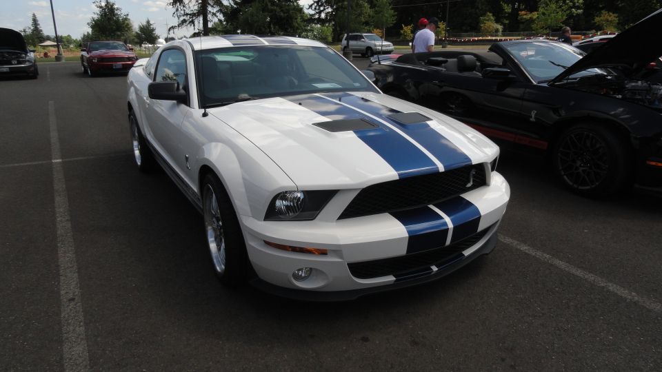 White Ford Mustang with blue racing stripes, 3q-front view