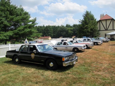 1991 Ford LTD Crown Victoria - black-and-white police sedan with a department flag leads a row of vintage patrol cars parked on a grassy field.
