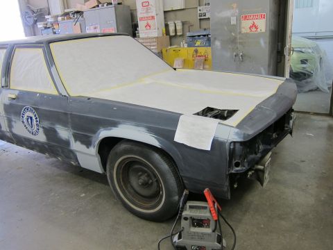 1991 Ford LTD Crown Victoria - A 1991 Ford Crown Victoria LTD is undergoing bodywork in a garage, with another vehicle visible in the background.