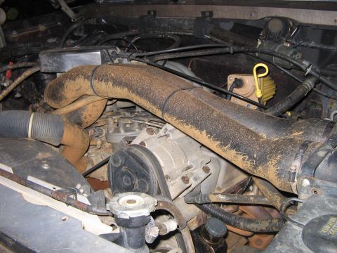 1992 Ford Bronco - The engine bay is heavily coated in dirt and grime, obscuring some of the components.