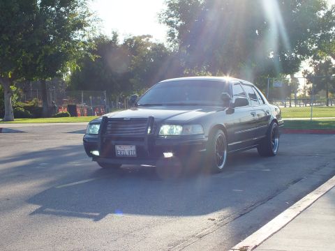 2003 Ford Crown Victoria - Murdered-out sedan with push bar and FULL VIC plate parked under low sun near a park