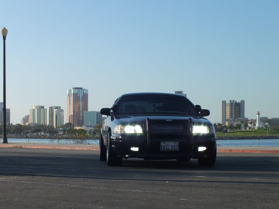 Black Ford Crown Victoria with grille guard, lit headlights and EVIL VIC plate, skyline behind