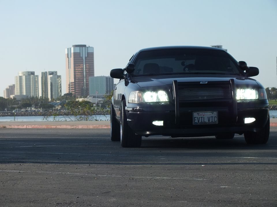 Black Ford Crown Victoria with grille guard and lit headlights, EVIL VIC plate, skyline behind