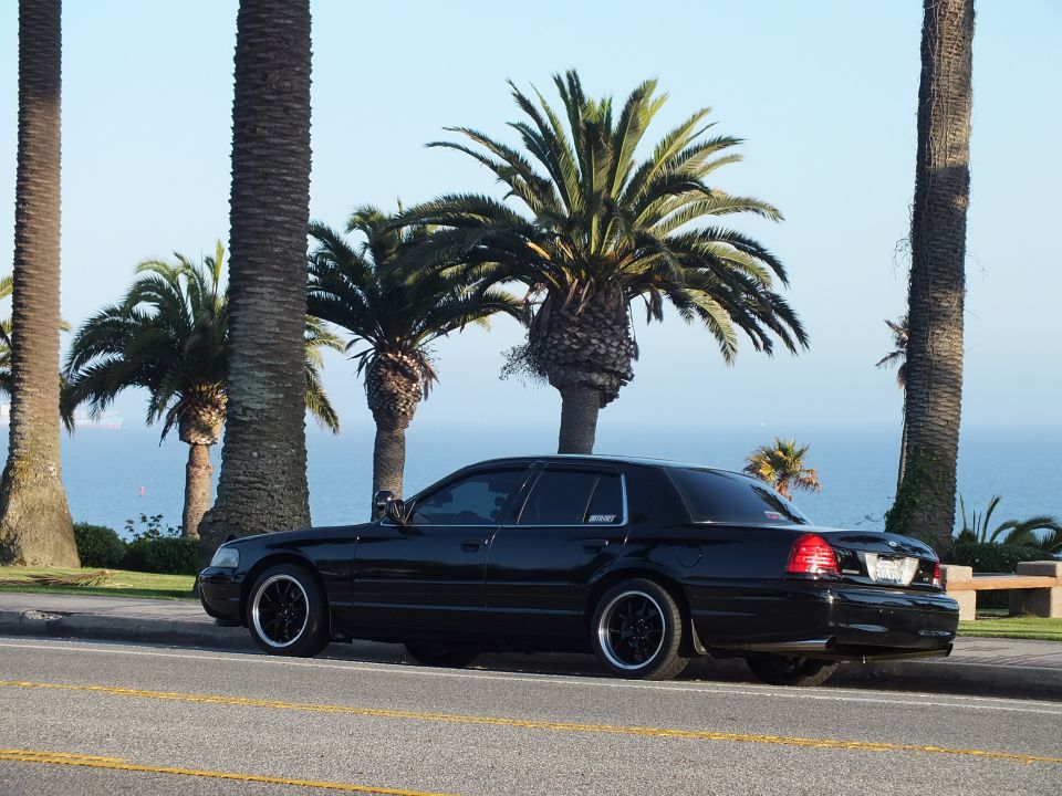 Black Mercury full-size sedan parked side-on by palm trees with ocean backdrop