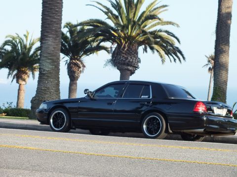 2003 Ford Crown Victoria - Lowered black sedan on black wheels parked roadside, palms lining a coastal street.