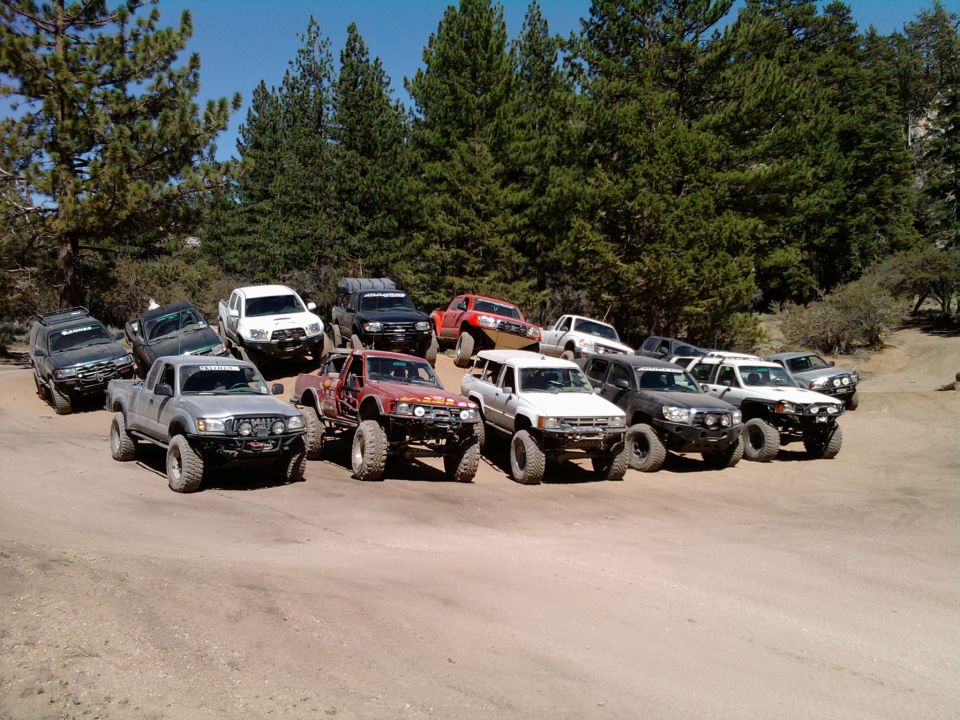 Multiple modified SUVs and trucks parked on a dirt road with trees in the background