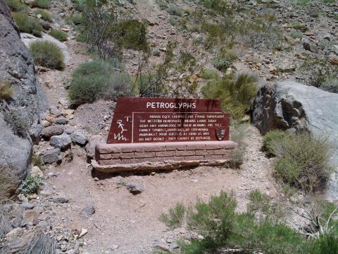 1985 Toyota 4Runner - Sign explaining petroglyphs in a desert environment.