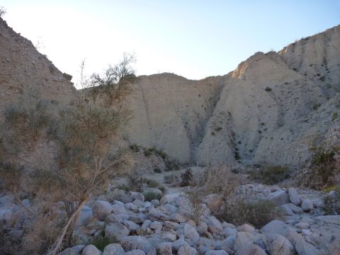 1985 Toyota 4Runner - A dry, rocky canyon landscape with scrub brush and boulders under a bright sky.