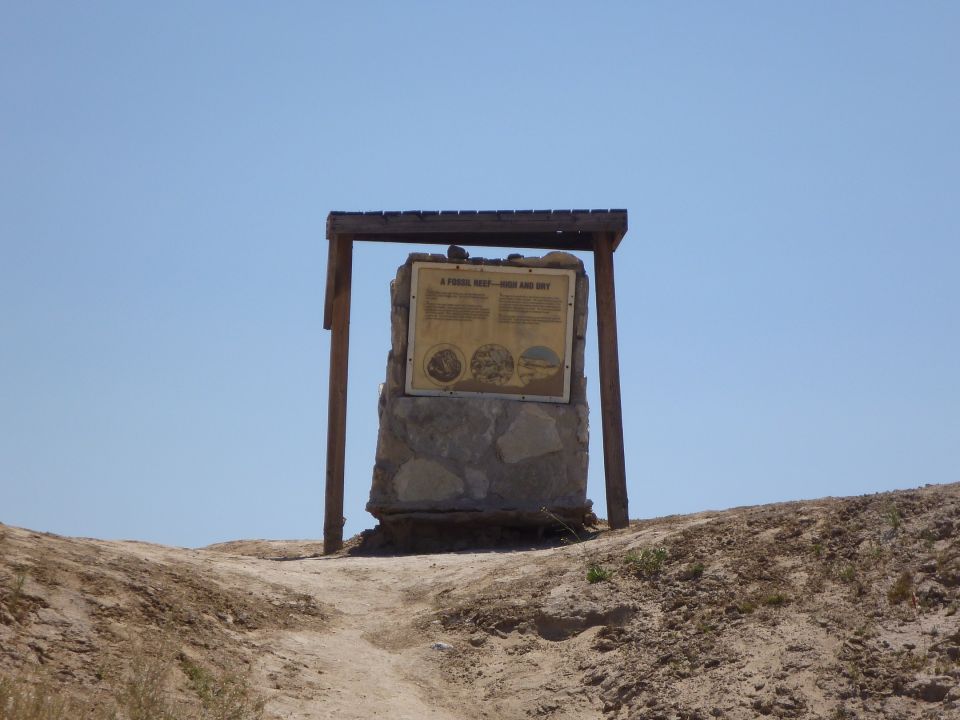 Informational sign about a fossil reef in a desert under a clear blue sky