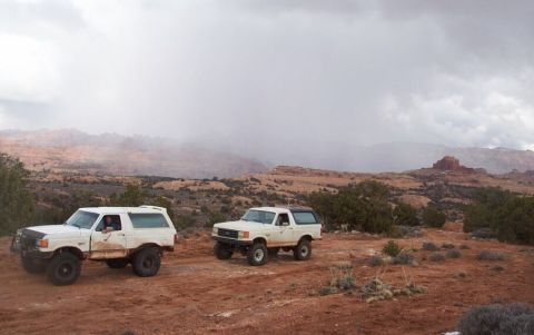 1990 Ford Bronco - Behind the Rocks, Moab 3/03. Snow storm moves in