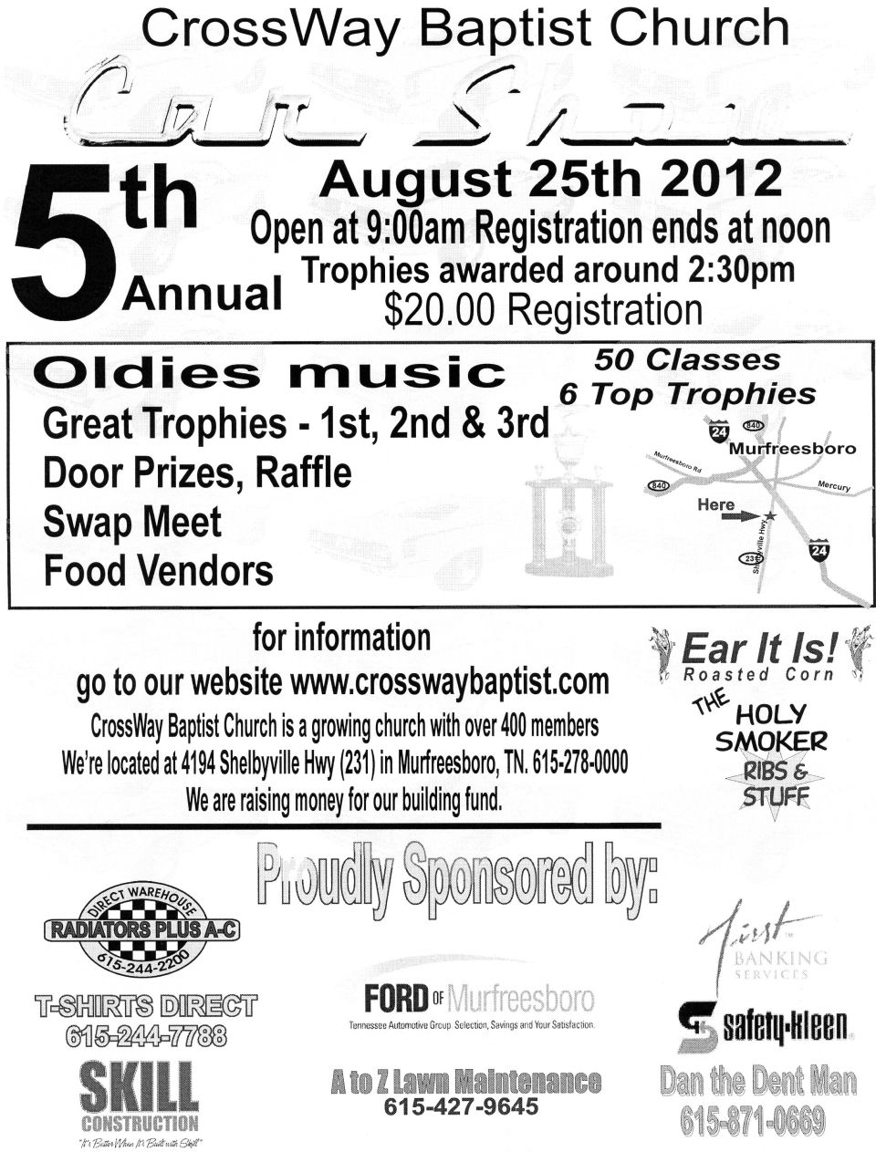 CrossWay Baptist Church 5th Annual Car Show flyer, August 25 2012