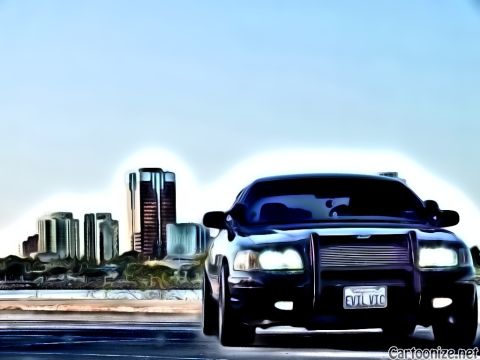 2003 Ford Crown Victoria - Stylized render of a blacked-out Crown Victoria, EVIL VIC plate, skyline behind.