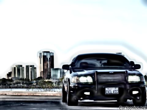 2003 Ford Crown Victoria - Cartoonized edit of a blacked-out Panther-platform sedan facing camera; vanity plate reads EVIL VIC against a skyline.