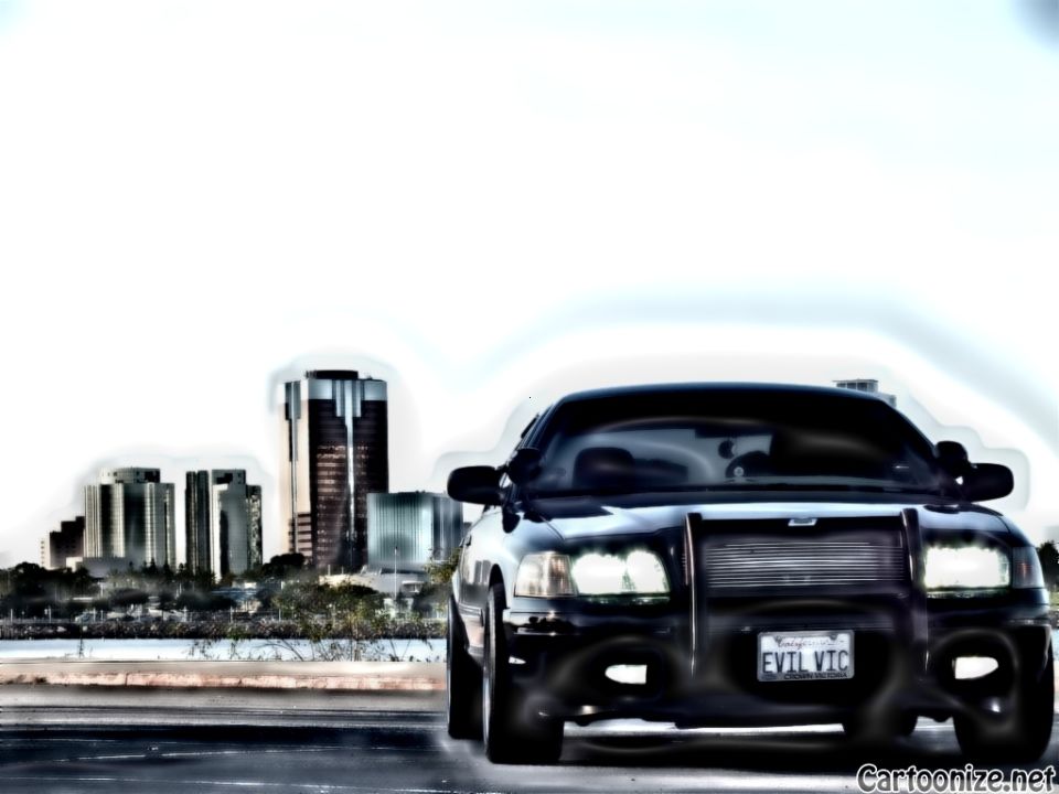 Black Ford Crown Victoria front view with billet grille and EVIL VIC plate, city skyline backdrop, cartoon filter