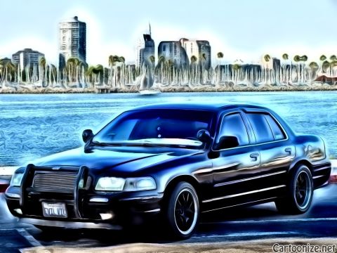 2003 Ford Crown Victoria - Stylized waterfront shot of a black full-size sedan with chrome billet grille, push bumper and aftermarket wheels.