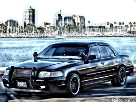 2003 Ford Crown Victoria - Black Panther sedan parked by a sailboat-filled marina; billet grille, push bumper and dark staggered wheels visible.