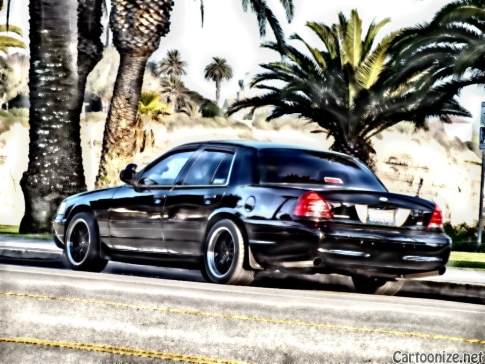 Black full-size sedan rear three-quarter on palm-lined boulevard with dark wheels, cartoonized edit