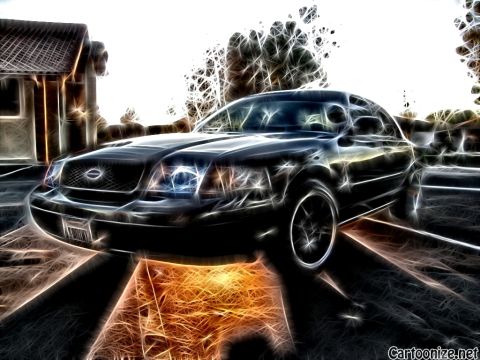 2003 Ford Crown Victoria - Heavy neon edge-trace filter applied to a black full-size sedan with illuminated headlights and dark wheels.