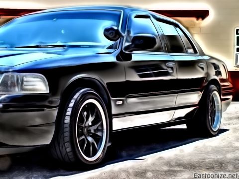 2003 Ford Crown Victoria - Low side profile of a glossy black full-size sedan on chrome-lip aftermarket wheels with a lowered stance.