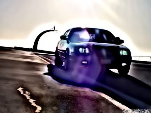 2003 Ford Crown Victoria - Motion-blurred stylized shot of a dark sedan crossing a bridge, suspension arch and hazy backlight behind.