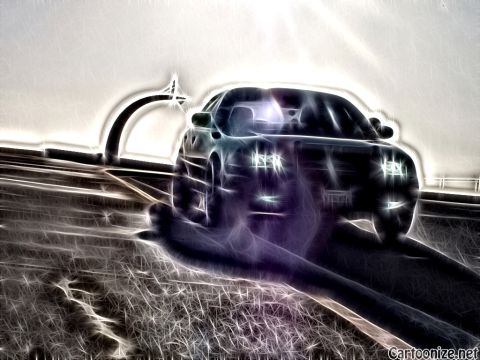 2003 Ford Crown Victoria - Neon edge-trace rendering of a dark sedan on a bridge with a curved suspension support in the background.