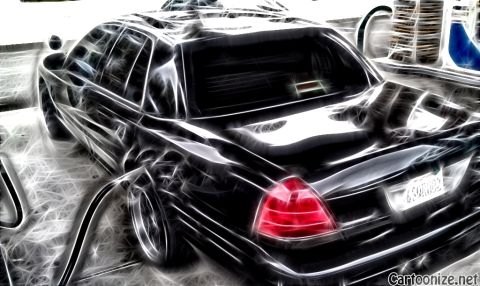 2003 Ford Crown Victoria - Neon line-art edit of a black full-size sedan parked at a fuel pump, one red taillight glowing.