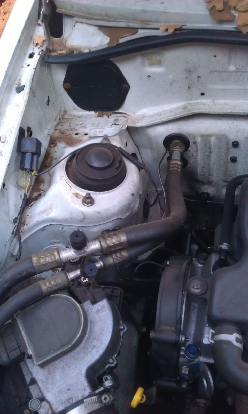 Car engine bay with hoses and a strut tower visible. Some rust is present