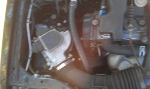 1991 Ford Festiva - The engine bay of a vehicle, showing various hoses, the air intake system, and other engine components.