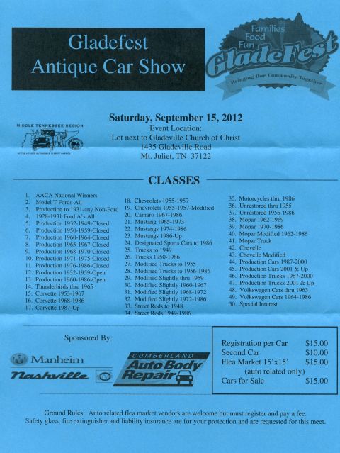 2007 Ford Mustang - Promotional flyer for the Gladefest Antique Car Show listing vehicle classes and registration fees.
