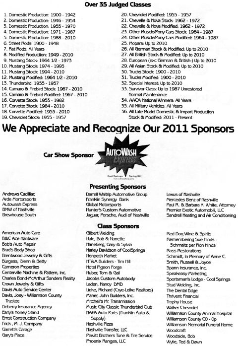 2007 Ford Mustang - Back page of a car show flyer listing the judged vehicle classes and event sponsors.
