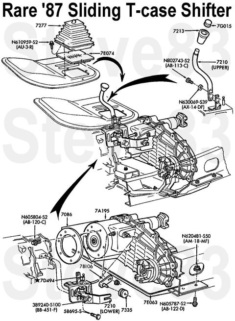 1983 Ford Bronco - Rare '87 Sliding Transfer Case Shifter Apparently used on some BW1356 & BW1345 (E3TA-7A195-RA) transfer cases. 389240-S100 - Bolt, shifter…