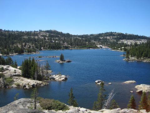 1989 Ford Bronco - A vast blue lake is bordered by dense pine forests and scattered rock formations on a sunny day.