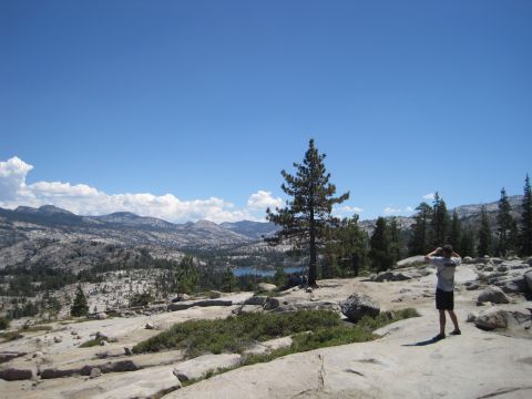 1989 Ford Bronco - A person stands on a rocky outcrop overlooking a vast landscape of mountains and trees under a clear blue sky.