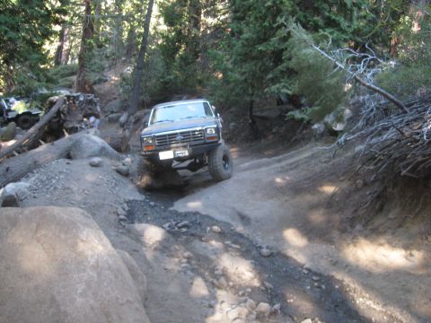 1986 Ford Bronco - A dark blue Ford Bronco navigates a challenging off-road trail with trees and rocks surrounding it.