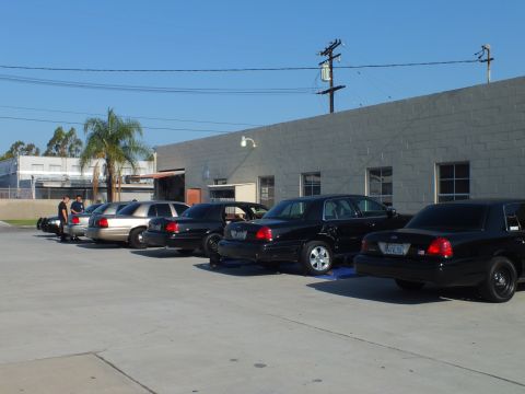 2003 Ford Crown Victoria - Line of dark Panther sedans backed up to a gray block building; one sits on blue alignment ramps.