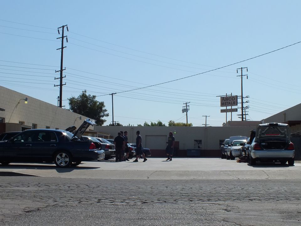 People standing among Crown Victoria sedans parked at commercial lot with ASCO Metals signage