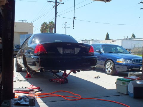 2003 Ford Crown Victoria - Black Crown Victoria propped on a red floor jack, scattered tools and orange hose on the pavement