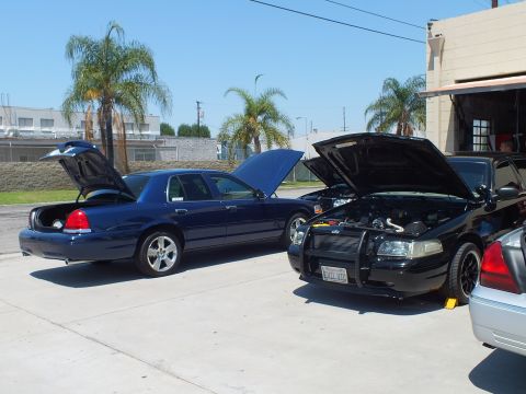 2003 Ford Crown Victoria - Dark blue open-trunk sedan beside a black sedan with hood up, palms and shop building behind
